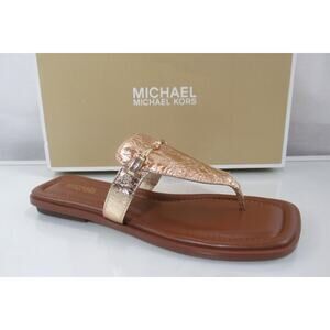 Michael Kors Lena Thong Square Toe Flat Sandal Metallic Leather Pale Gold